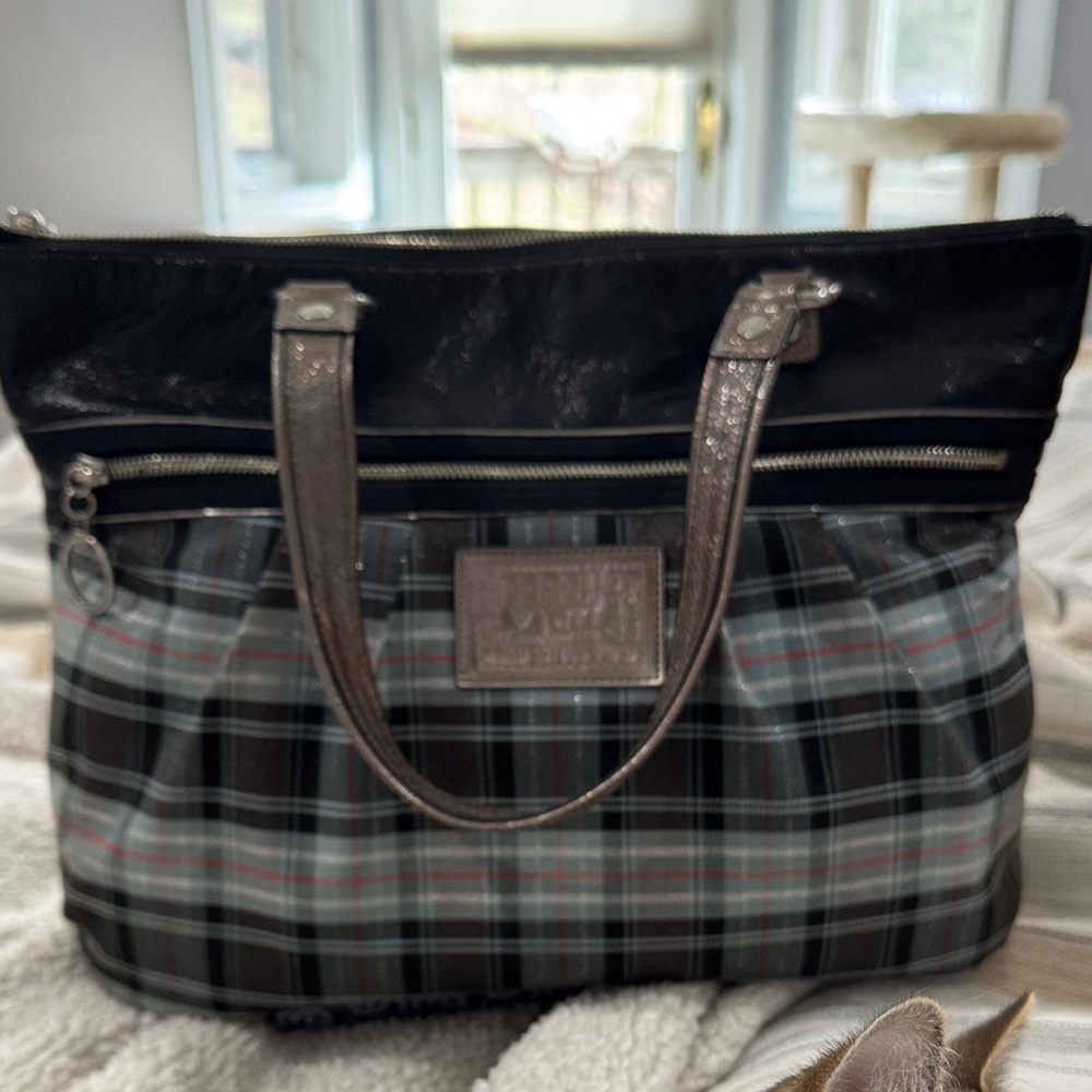 Coach Poppy Tartan Plaid Bag with Black and Red Accents and Metallic Thread